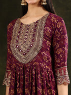 Nyra Cut Embroidered & Floral Printed Kurta With Pant & Foil Print Dupatta, Wine - Hiral Fashion | Grocsy