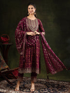 Nyra Cut Embroidered & Floral Printed Kurta With Pant & Foil Print Dupatta, Wine - Hiral Fashion | Grocsy