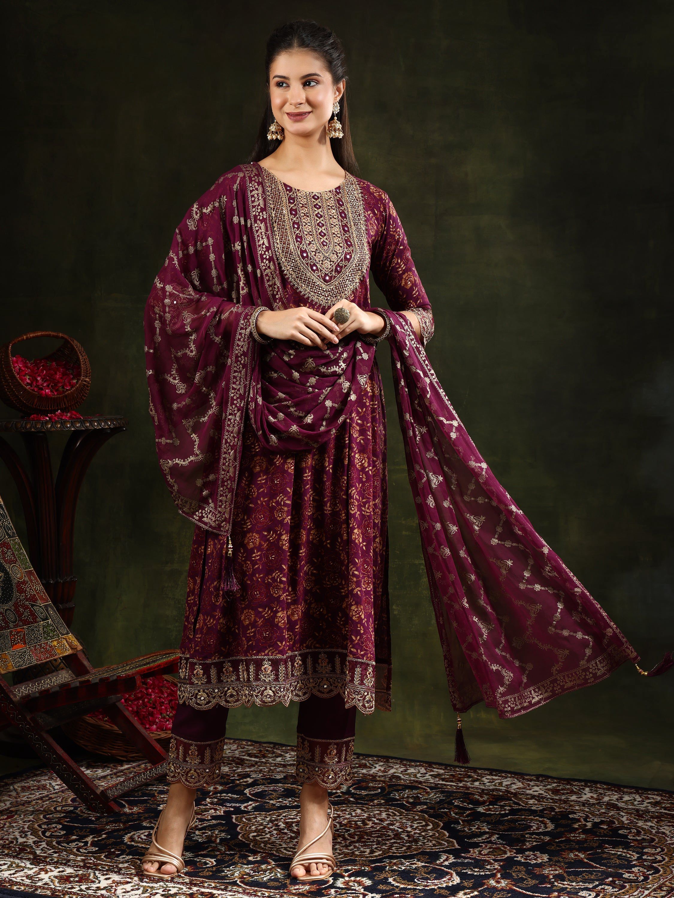 Nyra Cut Embroidered & Floral Printed Kurta With Pant & Foil Print Dupatta, Wine - Hiral Fashion | Grocsy