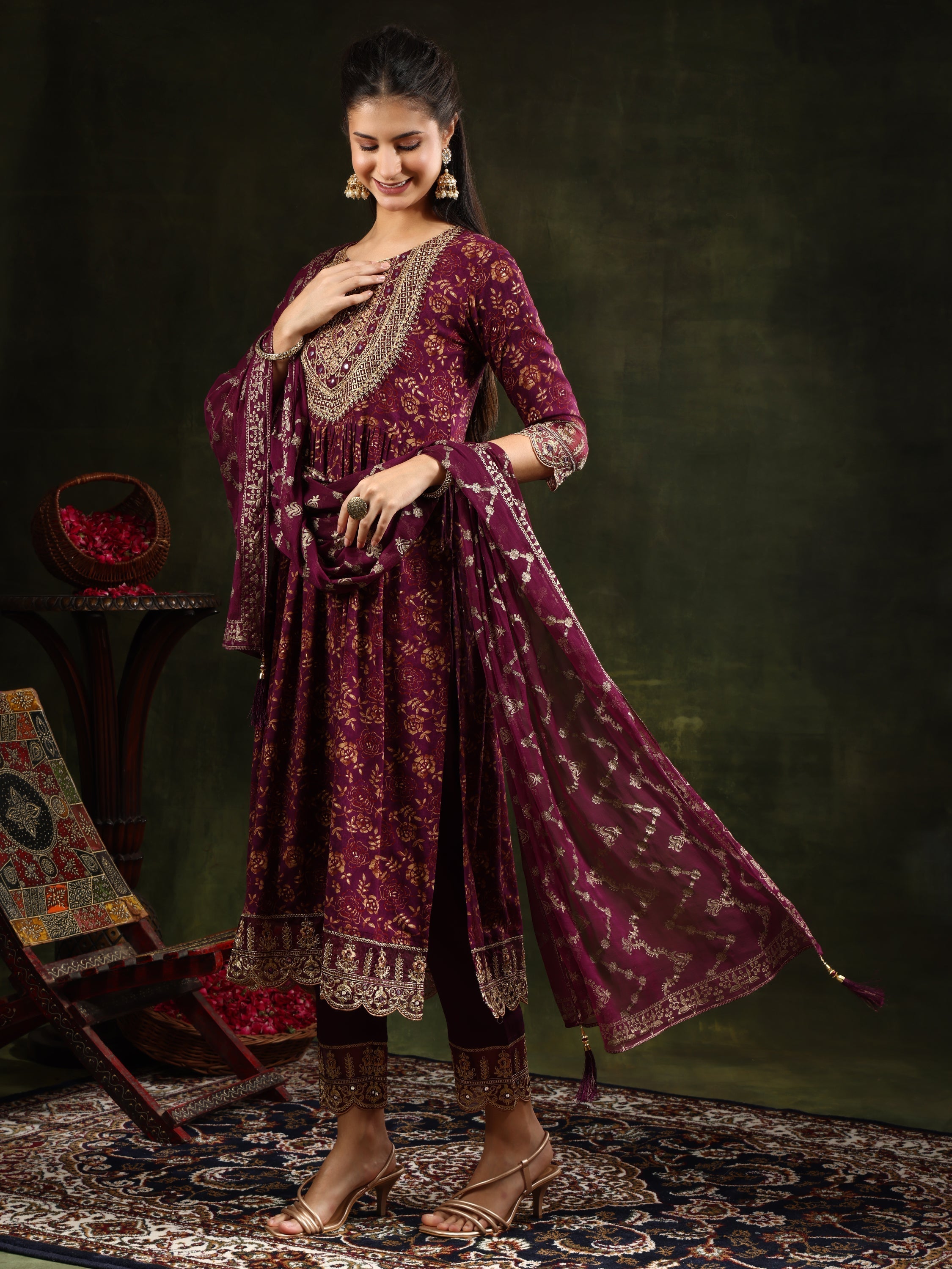 Nyra Cut Embroidered & Floral Printed Kurta With Pant & Foil Print Dupatta, Wine - Hiral Fashion | Grocsy