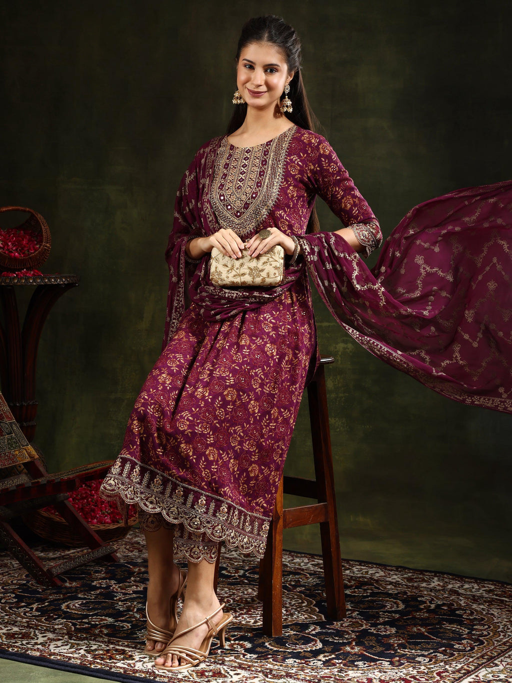 Nyra Cut Embroidered & Floral Printed Kurta With Pant & Foil Print Dupatta, Wine - Hiral Fashion | Grocsy