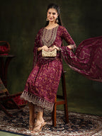 Nyra Cut Embroidered & Floral Printed Kurta With Pant & Foil Print Dupatta, Wine - Hiral Fashion | Grocsy