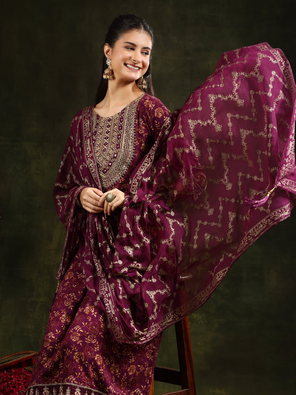 Nyra Cut Embroidered & Floral Printed Kurta With Pant & Foil Print Dupatta, Wine - Hiral Fashion | Grocsy