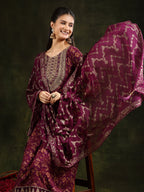 Nyra Cut Embroidered & Floral Printed Kurta With Pant & Foil Print Dupatta, Wine - Hiral Fashion | Grocsy