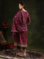 Nyra Cut Embroidered & Floral Printed Kurta With Pant & Foil Print Dupatta, Wine - Hiral Fashion | Grocsy