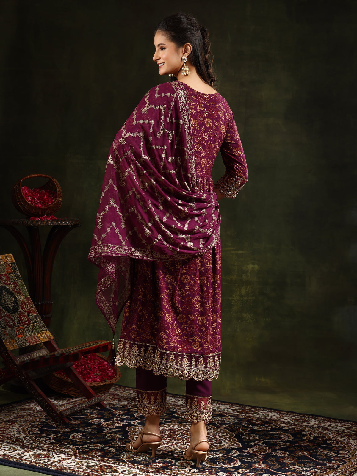 Nyra Cut Embroidered & Floral Printed Kurta With Pant & Foil Print Dupatta, Wine - Hiral Fashion | Grocsy