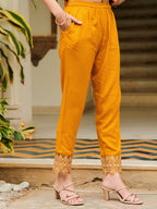 Nyra Cut Embroidered & Printed Kurta With Pant & Dupatta, Mustard - Hiral Fashion | Grocsy