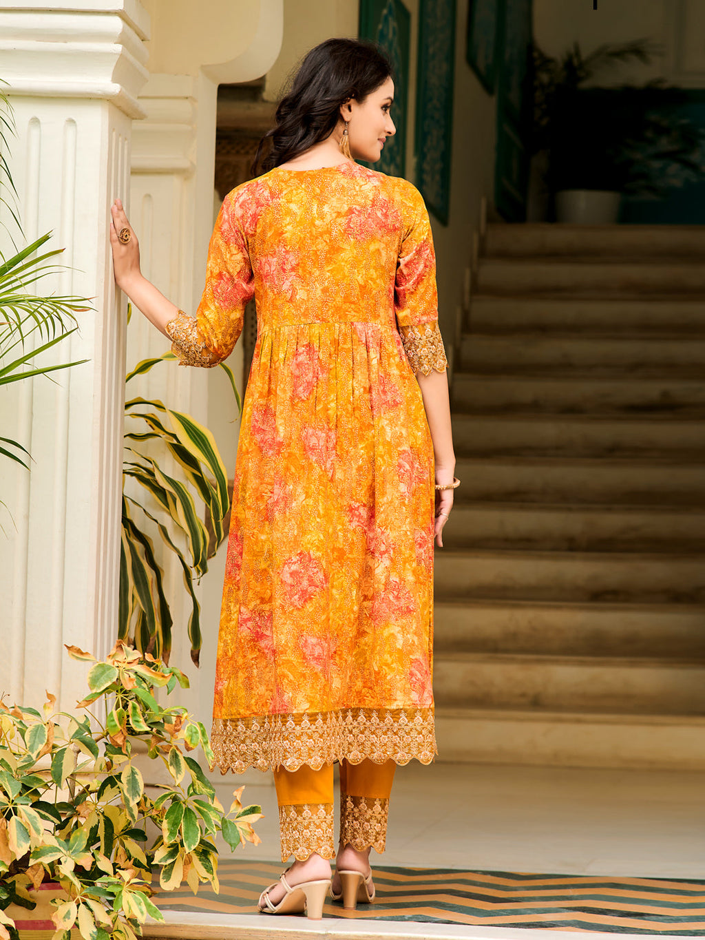 Nyra Cut Embroidered & Printed Kurta With Pant & Dupatta, Mustard - Hiral Fashion | Grocsy
