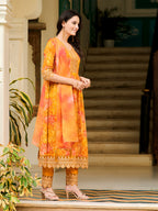 Nyra Cut Embroidered & Printed Kurta With Pant & Dupatta, Mustard - Hiral Fashion | Grocsy