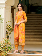 Nyra Cut Embroidered & Printed Kurta With Pant & Dupatta, Mustard - Hiral Fashion | Grocsy