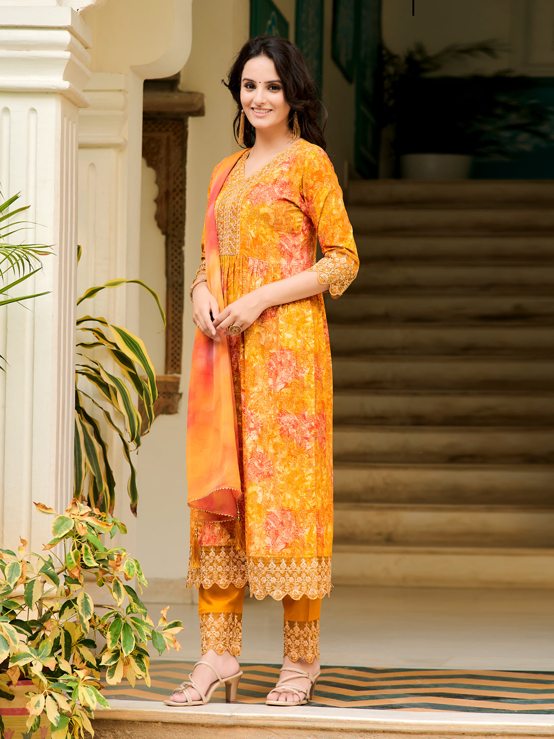 Nyra Cut Embroidered & Printed Kurta With Pant & Dupatta, Mustard - Hiral Fashion | Grocsy