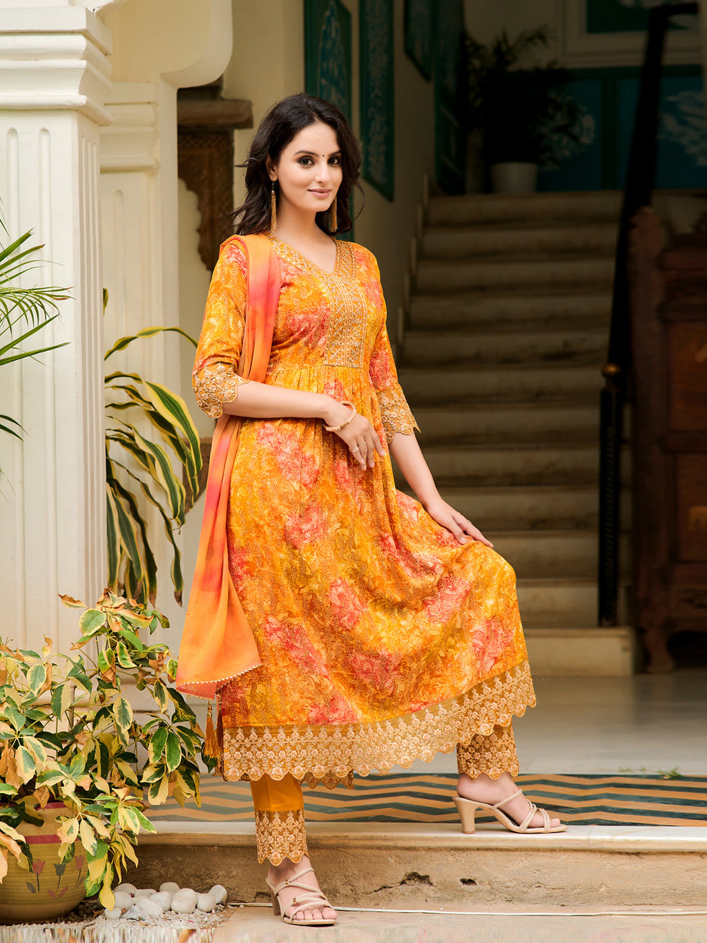 Nyra Cut Embroidered & Printed Kurta With Pant & Dupatta, Mustard - Hiral Fashion | Grocsy