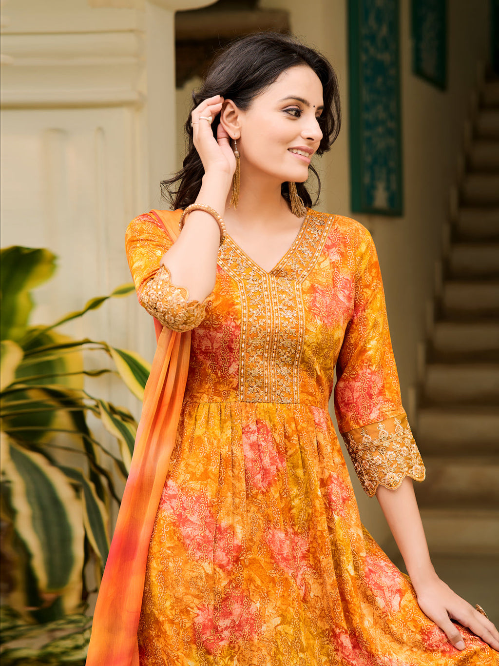 Nyra Cut Embroidered & Printed Kurta With Pant & Dupatta, Mustard - Hiral Fashion | Grocsy