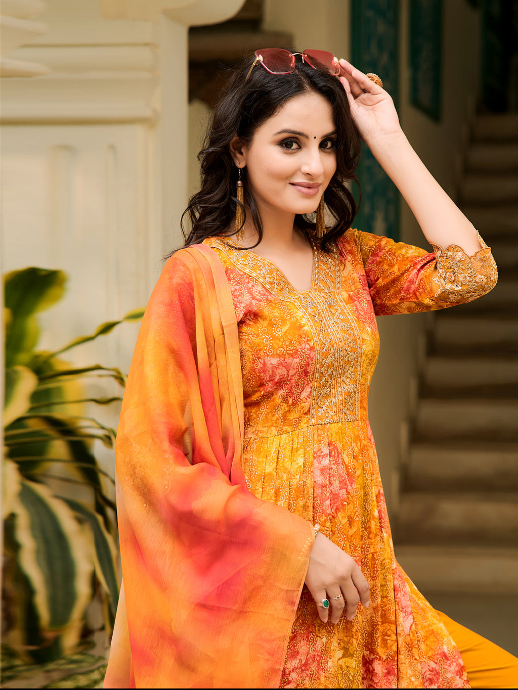 Nyra Cut Embroidered & Printed Kurta With Pant & Dupatta, Mustard - Hiral Fashion | Grocsy