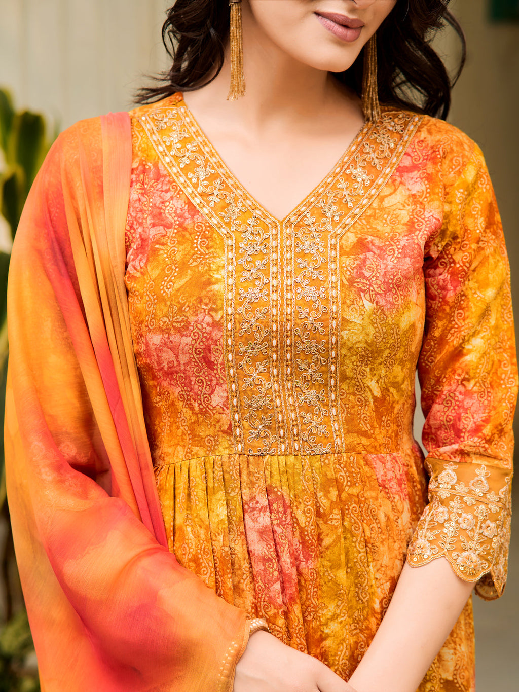 Nyra Cut Embroidered & Printed Kurta With Pant & Dupatta, Mustard - Hiral Fashion | Grocsy