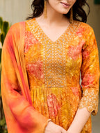 Nyra Cut Embroidered & Printed Kurta With Pant & Dupatta, Mustard - Hiral Fashion | Grocsy