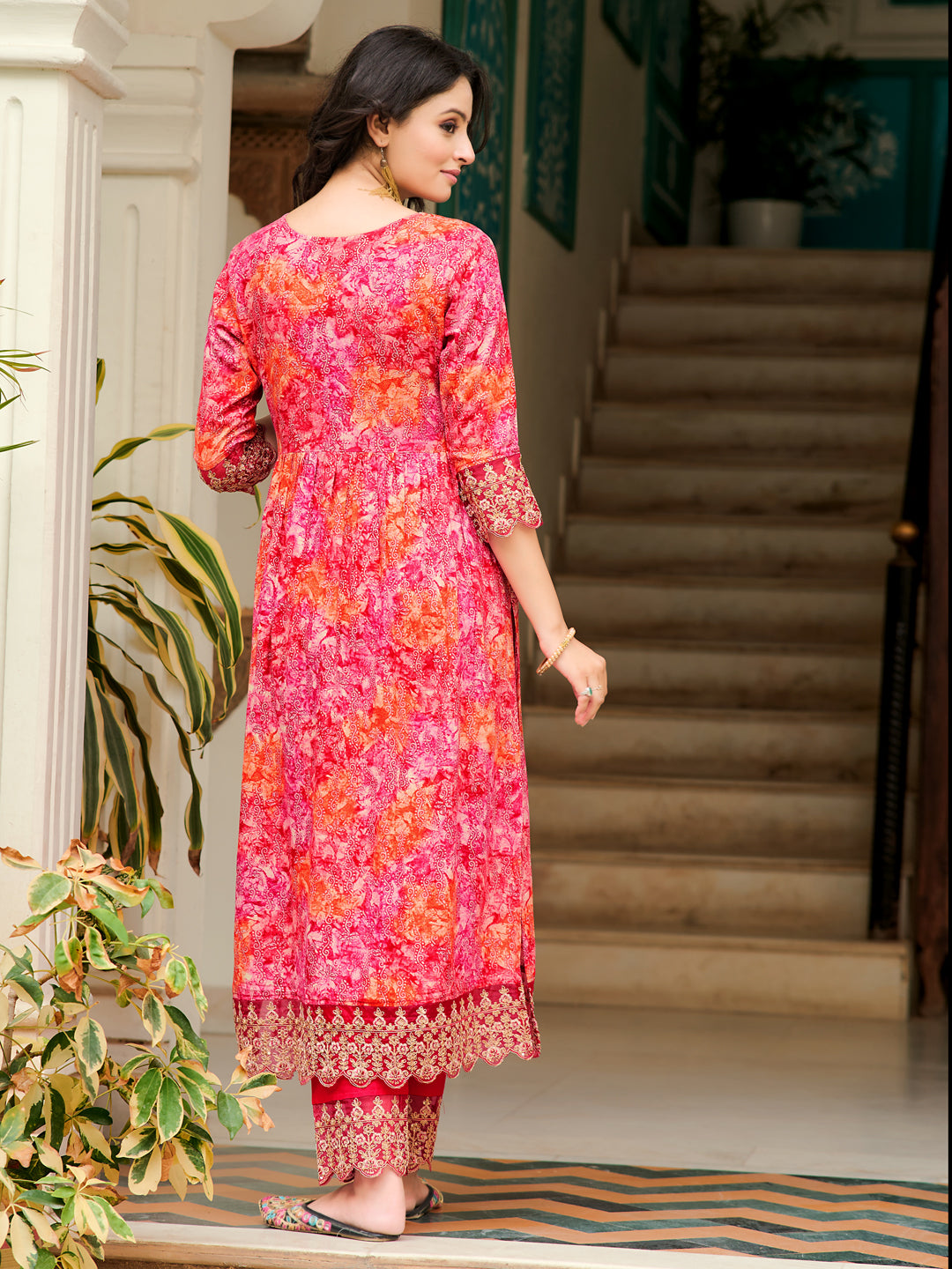 Nyra Cut Embroidered & Printed Kurta With Pant & Dupatta, Pink - Hiral Fashion | Grocsy