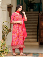 Nyra Cut Embroidered & Printed Kurta With Pant & Dupatta, Pink - Hiral Fashion | Grocsy