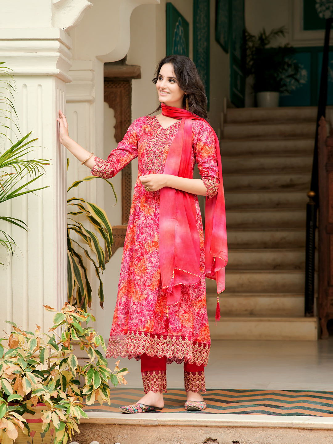 Nyra Cut Embroidered & Printed Kurta With Pant & Dupatta, Pink - Hiral Fashion | Grocsy