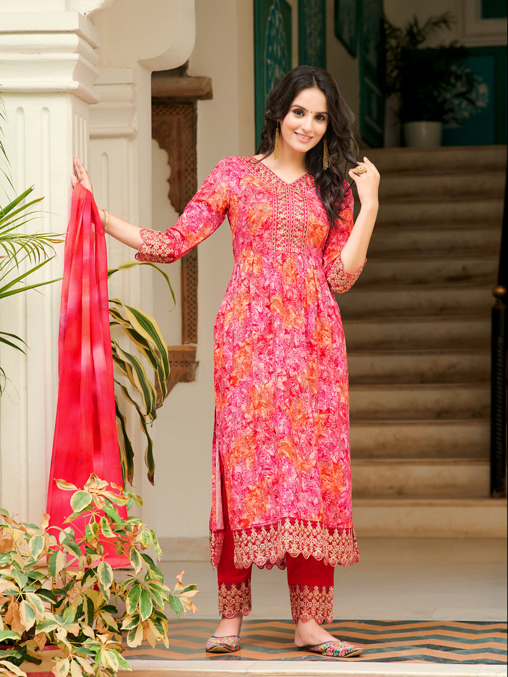 Nyra Cut Embroidered & Printed Kurta With Pant & Dupatta, Pink - Hiral Fashion | Grocsy