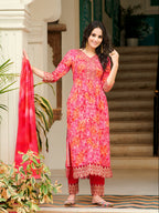 Nyra Cut Embroidered & Printed Kurta With Pant & Dupatta, Pink - Hiral Fashion | Grocsy