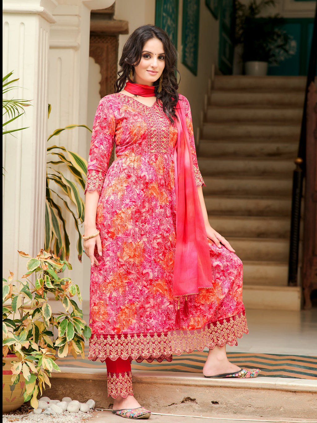 Nyra Cut Embroidered & Printed Kurta With Pant & Dupatta, Pink - Hiral Fashion | Grocsy