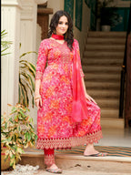 Nyra Cut Embroidered & Printed Kurta With Pant & Dupatta, Pink - Hiral Fashion | Grocsy