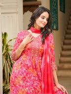 Nyra Cut Embroidered & Printed Kurta With Pant & Dupatta, Pink - Hiral Fashion | Grocsy