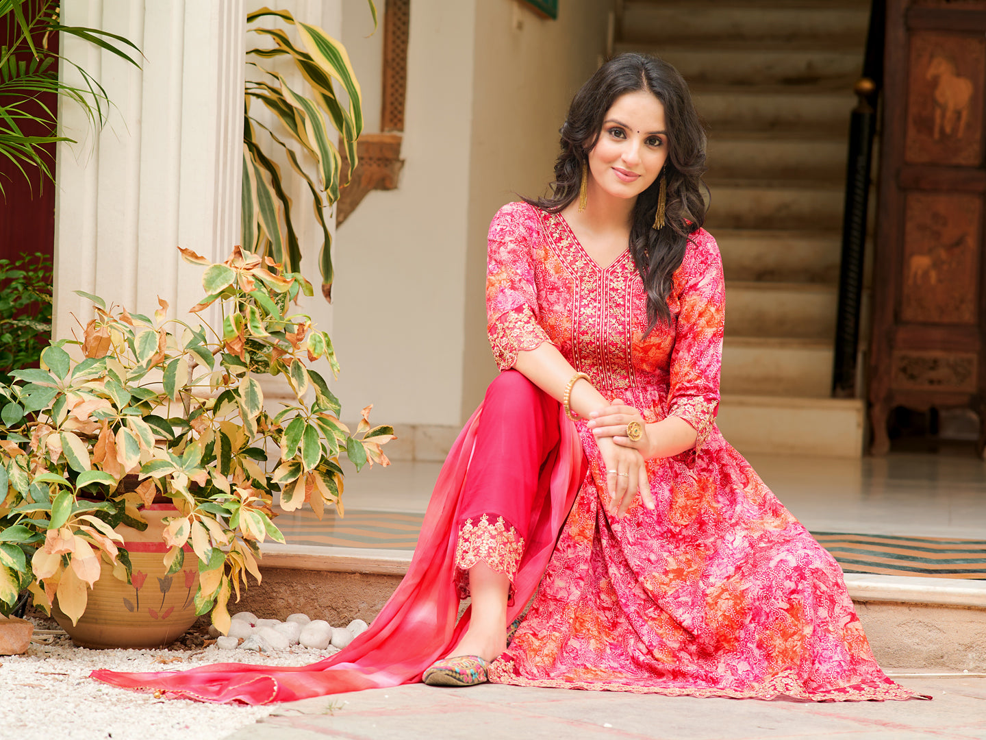 Nyra Cut Embroidered & Printed Kurta With Pant & Dupatta, Pink - Hiral Fashion | Grocsy