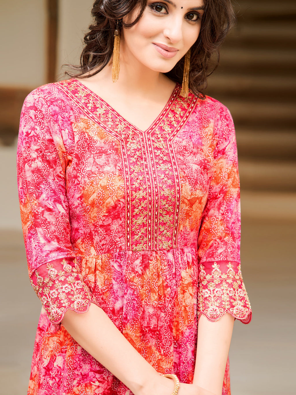 Nyra Cut Embroidered & Printed Kurta With Pant & Dupatta, Pink - Hiral Fashion | Grocsy