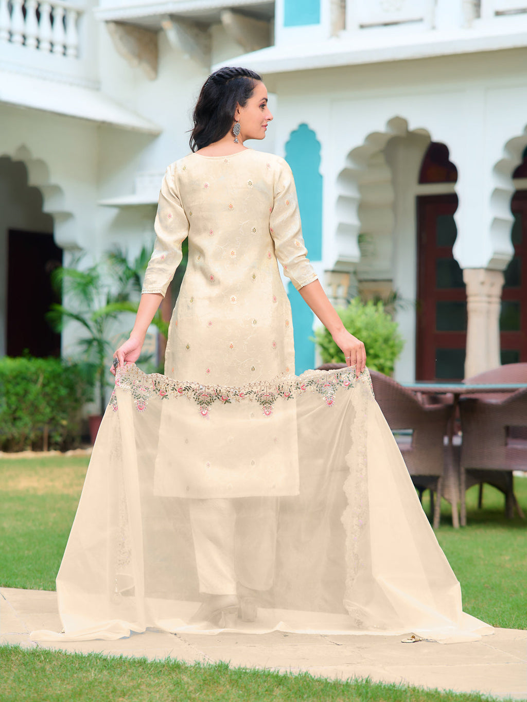 Hand Embroidered Banarasi Jacqauard Kurta With Pant & Embroidered Organza Dupatta, Cream - Hiral Fashion | Grocsy