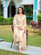 Hand Embroidered Banarasi Jacqauard Kurta With Pant & Embroidered Organza Dupatta, Cream - Hiral Fashion | Grocsy