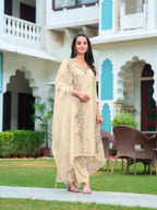 Hand Embroidered Banarasi Jacqauard Kurta With Pant & Embroidered Organza Dupatta, Cream - Hiral Fashion | Grocsy