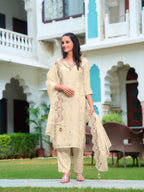 Hand Embroidered Banarasi Jacqauard Kurta With Pant & Embroidered Organza Dupatta, Cream - Hiral Fashion | Grocsy