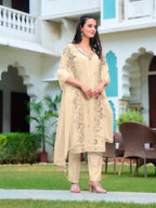 Hand Embroidered Banarasi Jacqauard Kurta With Pant & Embroidered Organza Dupatta, Cream - Hiral Fashion | Grocsy