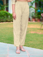 Hand Embroidered Banarasi Jacqauard Kurta With Pant & Embroidered Organza Dupatta, Cream - Hiral Fashion | Grocsy