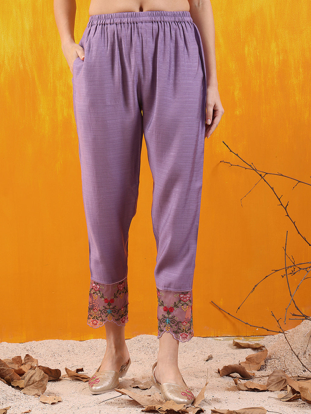 Applique Embroidered Kurta With Pant & Printed Dupatta, Lavender - Hiral Fashion | Grocsy