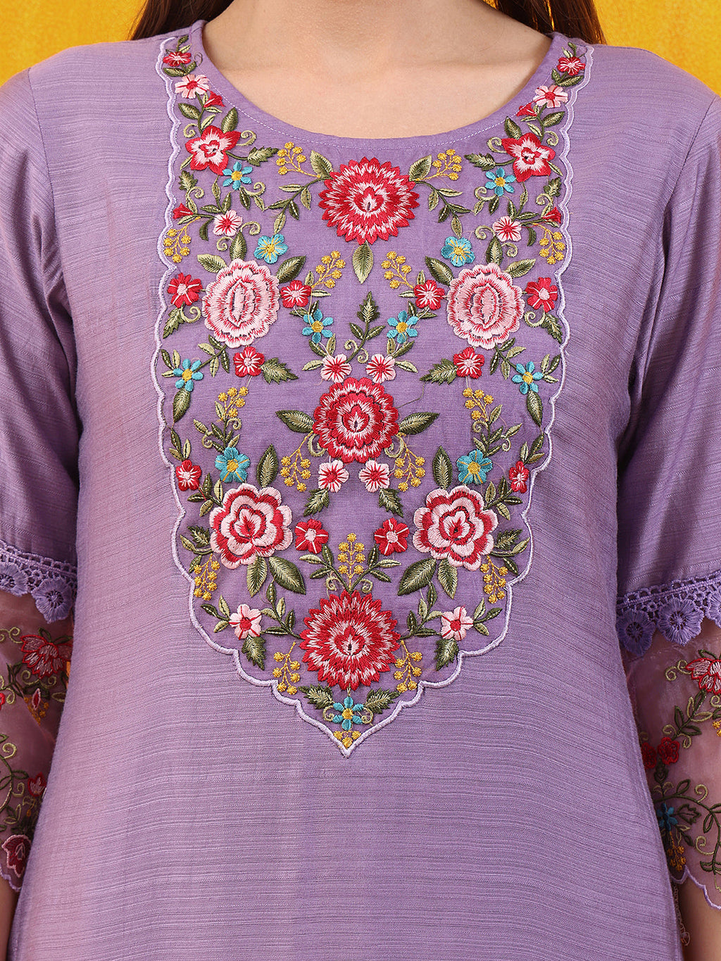 Applique Embroidered Kurta With Pant & Printed Dupatta, Lavender - Hiral Fashion | Grocsy