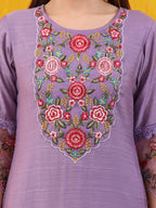 Applique Embroidered Kurta With Pant & Printed Dupatta, Lavender - Hiral Fashion | Grocsy