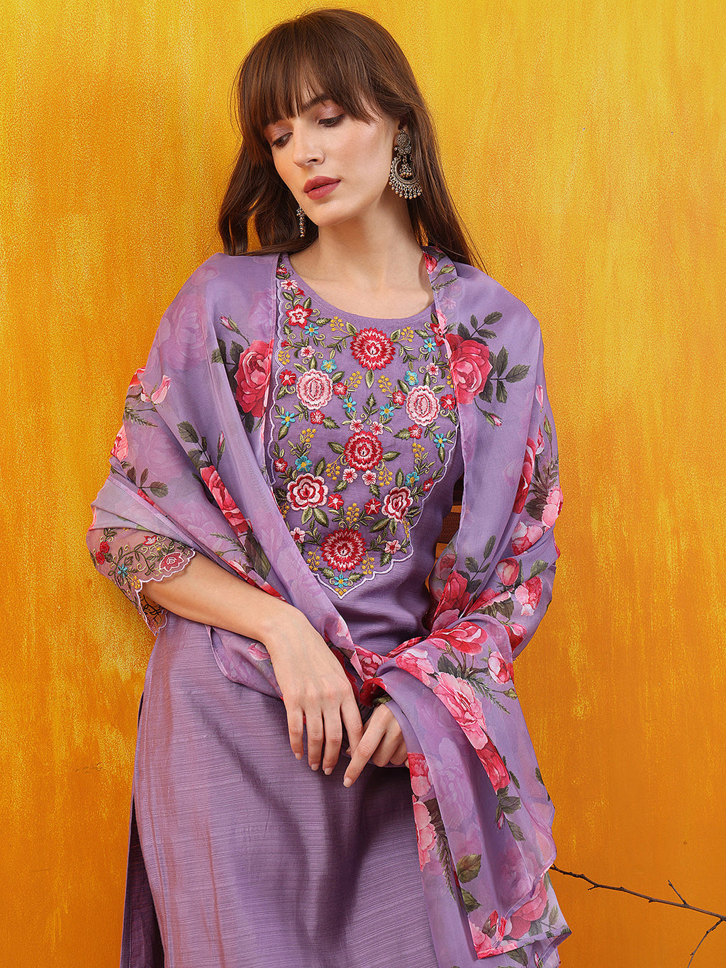 Applique Embroidered Kurta With Pant & Printed Dupatta, Lavender - Hiral Fashion | Grocsy