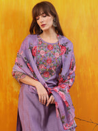 Applique Embroidered Kurta With Pant & Printed Dupatta, Lavender - Hiral Fashion | Grocsy