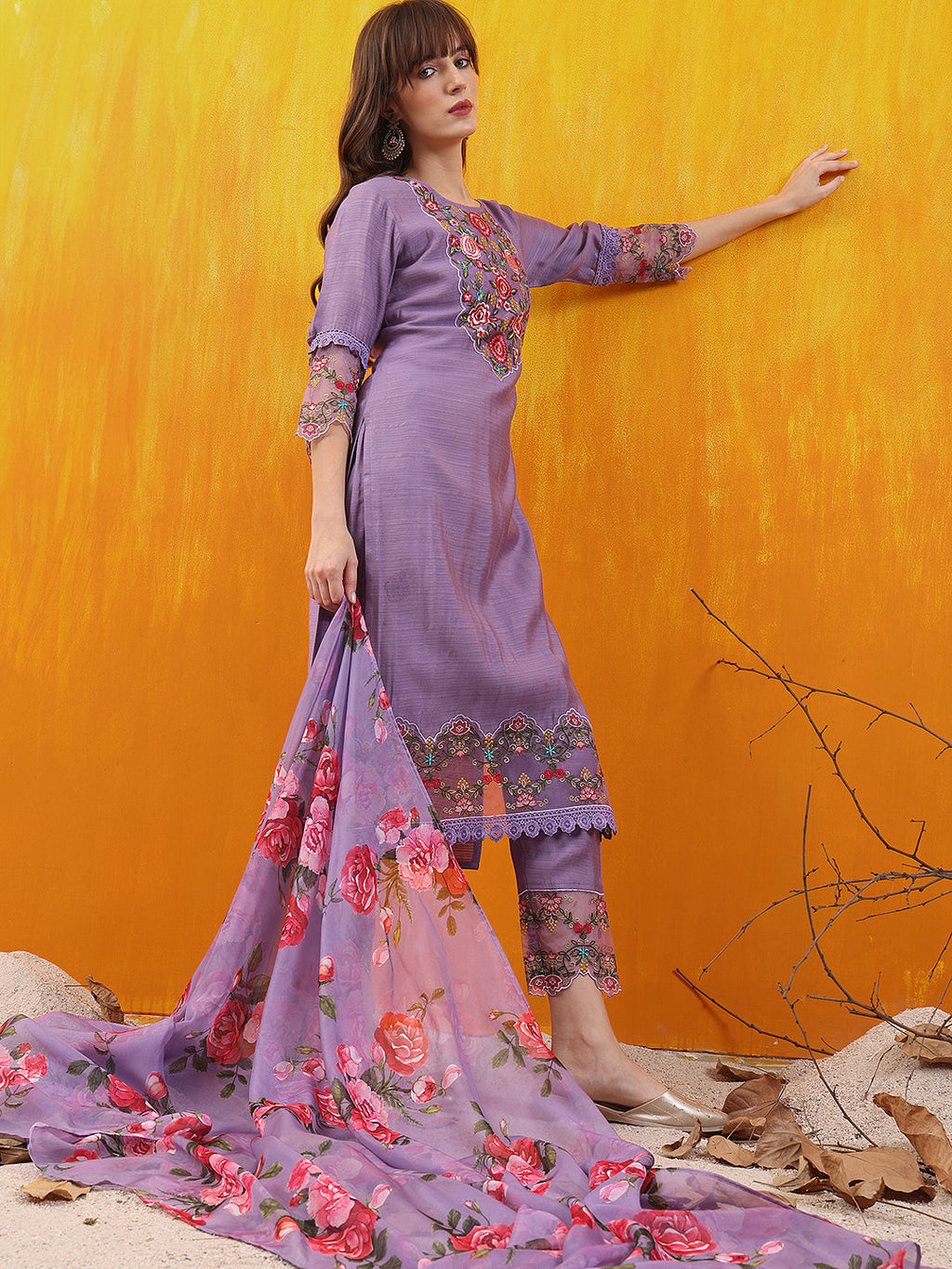 Applique Embroidered Kurta With Pant & Printed Dupatta, Lavender - Hiral Fashion | Grocsy