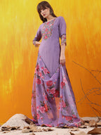 Applique Embroidered Kurta With Pant & Printed Dupatta, Lavender - Hiral Fashion | Grocsy