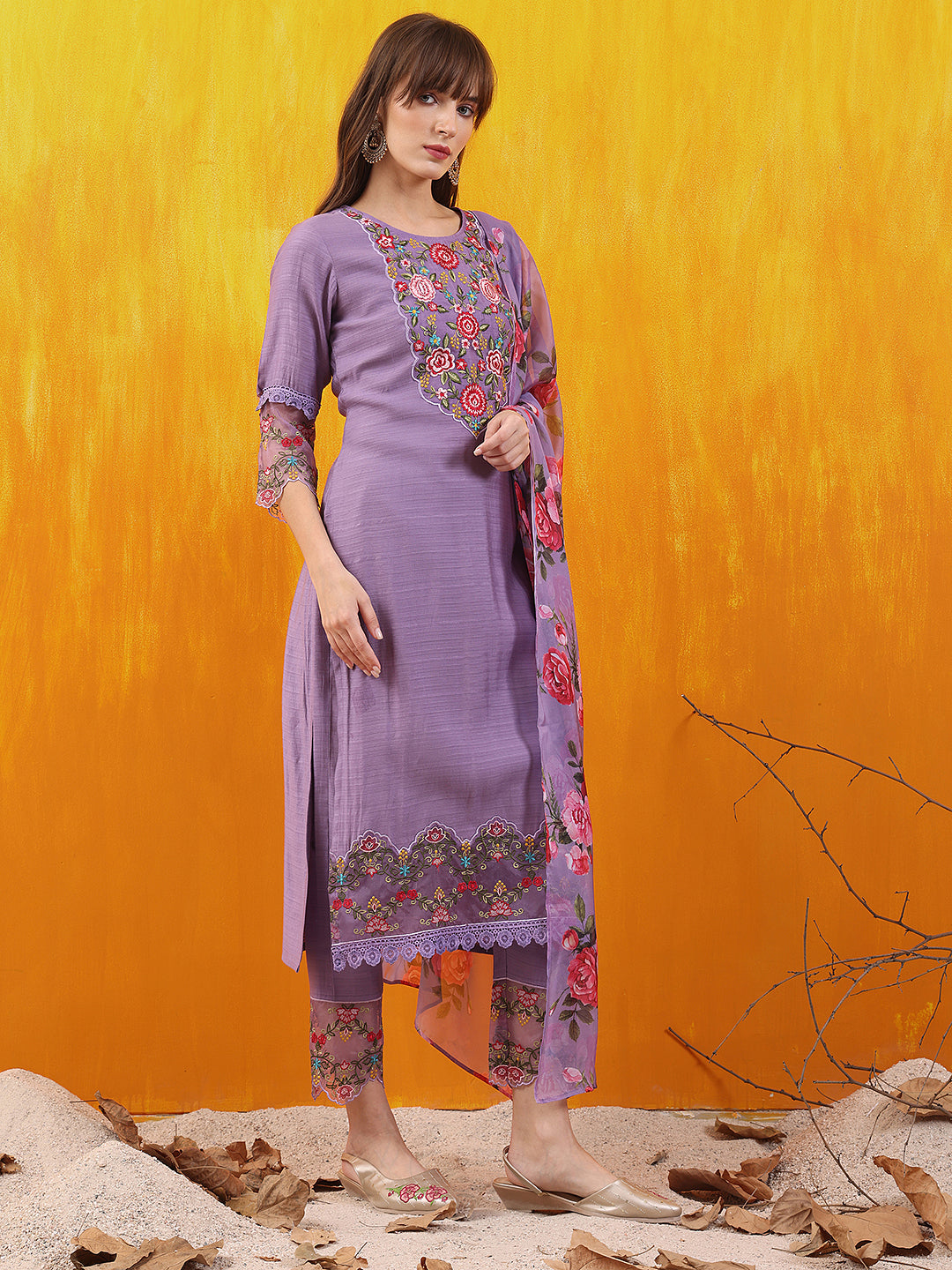 Applique Embroidered Kurta With Pant & Printed Dupatta, Lavender - Hiral Fashion | Grocsy