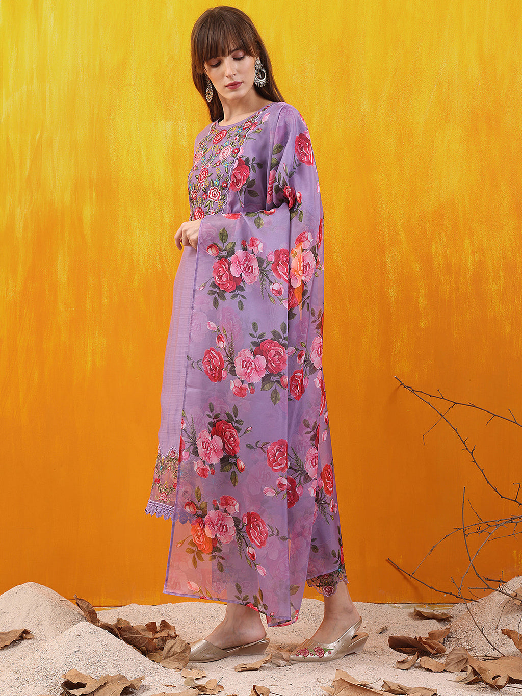 Applique Embroidered Kurta With Pant & Printed Dupatta, Lavender - Hiral Fashion | Grocsy