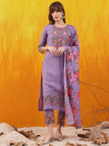Applique Embroidered Kurta With Pant & Printed Dupatta, Lavender - Hiral Fashion | Grocsy