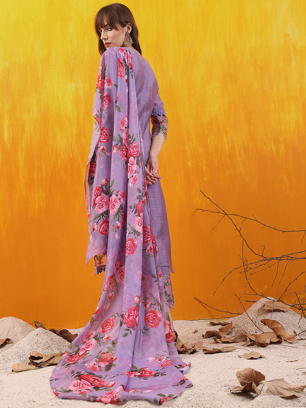Applique Embroidered Kurta With Pant & Printed Dupatta, Lavender - Hiral Fashion | Grocsy