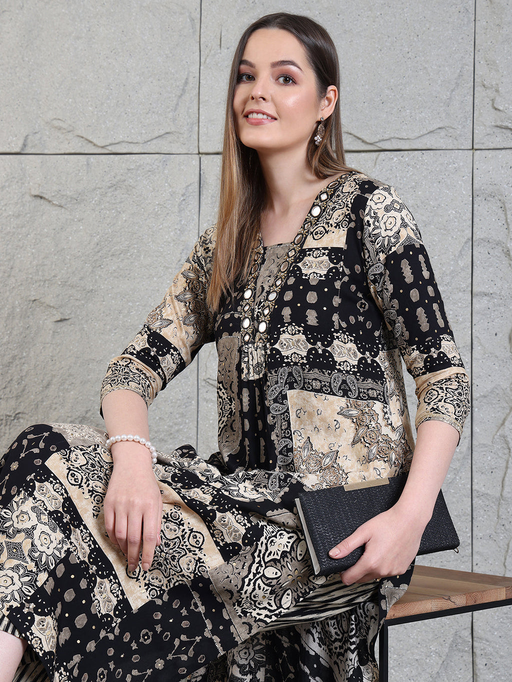 Hand Embroidered & Printed Kurta With Palazzo Pants, Black - Hiral Fashion | Grocsy