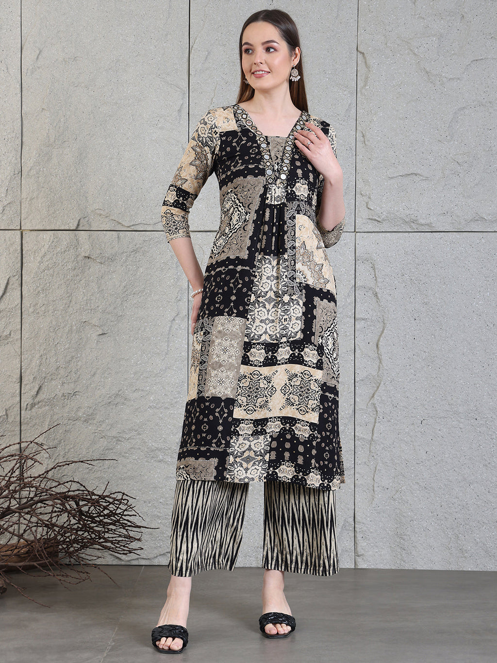 Hand Embroidered & Printed Kurta With Palazzo Pants, Black - Hiral Fashion | Grocsy