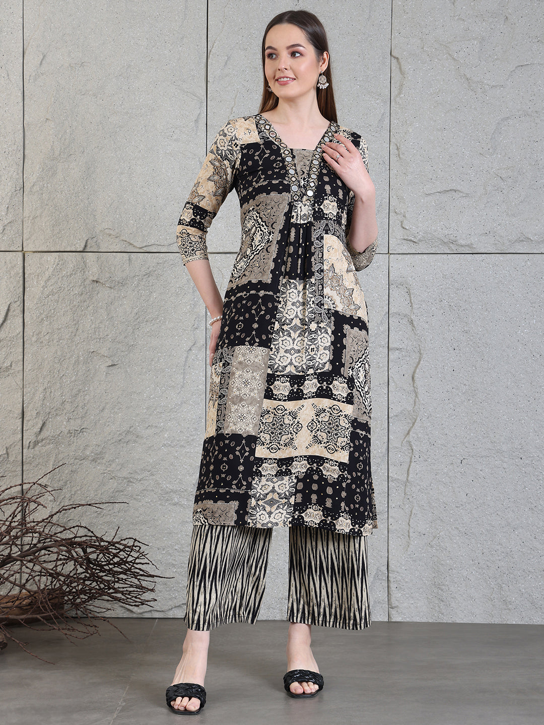 Hand Embroidered & Printed Kurta With Palazzo Pants, Black - Hiral Fashion | Grocsy